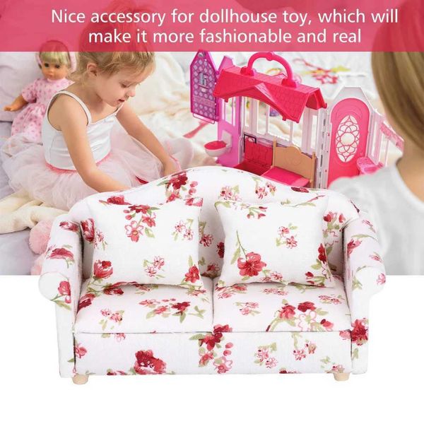 Dolls 1 12 Mini Furniture Model Fresh Flower Cluster Double Sofa with Cushions (Large Flower Cluster)T250111
