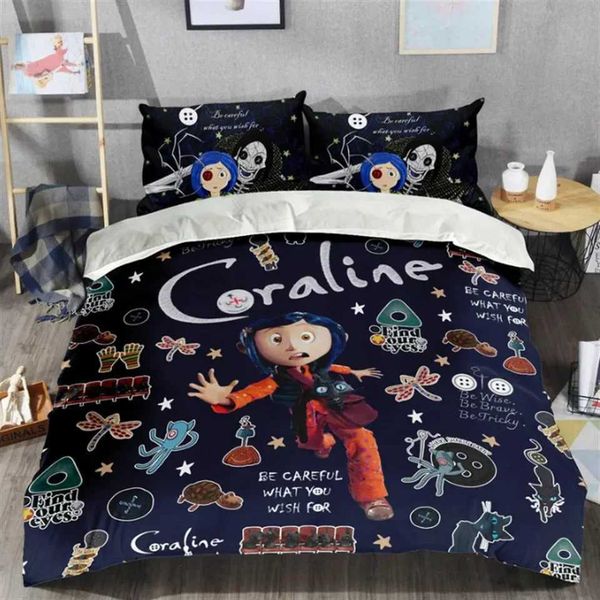 3D Print Movie-Coraline Bed Linen Bedding Set There-Piece Bed Sheets Set Comfort Solid Couple Bed Quilt CoverC250122