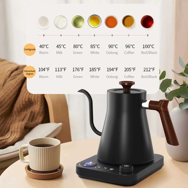 0.9L electric gooseneck kettle 1200W water boiler NTC temperature control LCD display screen automatically turns off poured onto the coffee