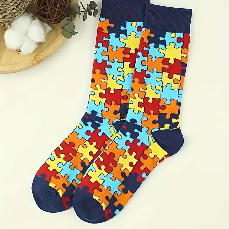 TEMU Pair Of Men's Cartoon Colorful Puzzle Pattern Crew Socks, Comfortable Casual Soft And Stretchy Crew Socks, Ideal Gift For