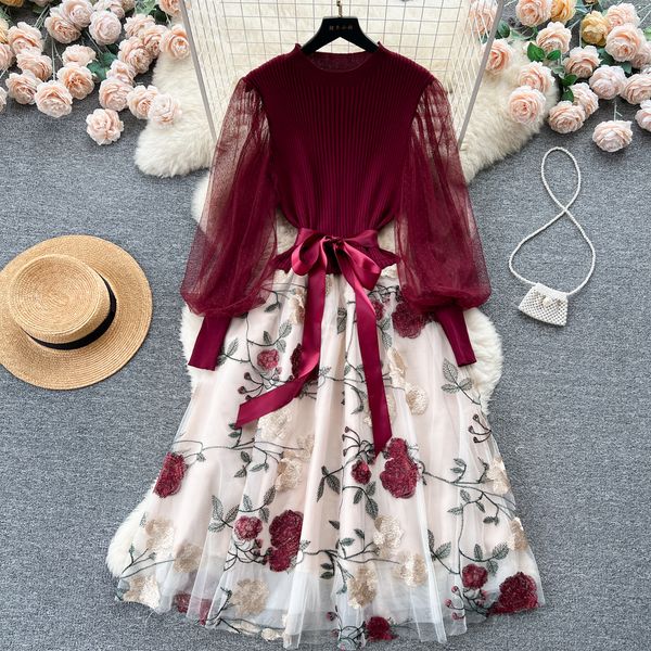 Basic Casual Dresses Autumn Elegant Knitted Patchwork Dress For Women Long Lantern Sleeve Mesh Embroidery Flower A-Line Lace Up Belt Party V