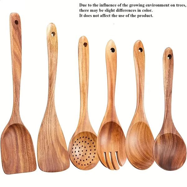 A set of 6 wooden cooking spoons natural teak utensils non stick spatula kitchen 240826