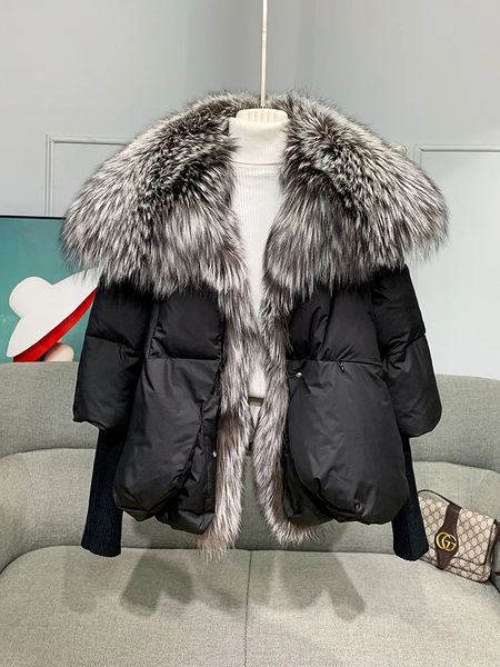 Women&#039;s Down Parkas Women Puffer Coats White Duck Down Jacket Parkas Winter Large Real Silver Fox Fur Collar With Knit Sleeve Fashion O