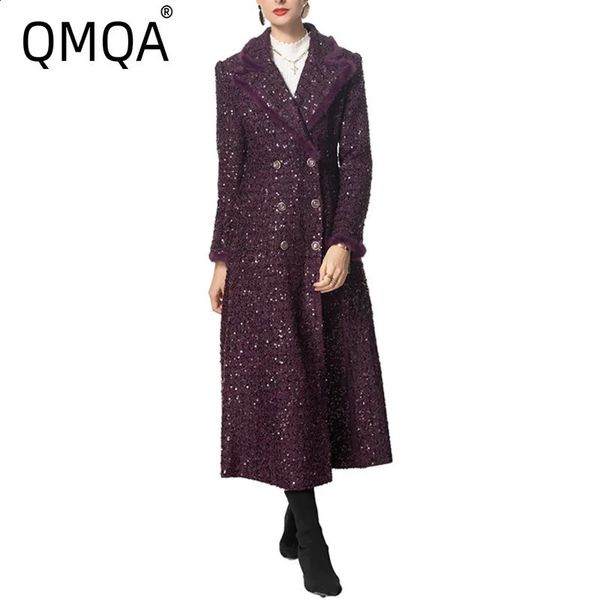 QMQA Fashion Womens Double Breasted Sequins Tweed Coat Turndown Collar Long Sleeves Feathers Office Lady Outerwear Autumn A840 250110
