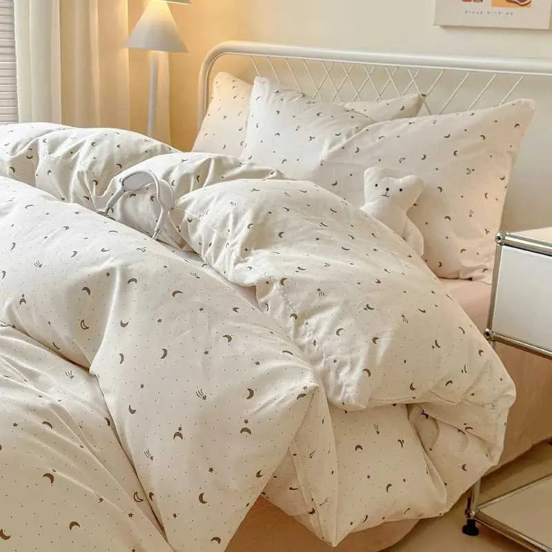 Simple Style Bed Linen Bedding Set Printing Washed Cotton Home Bedroom Decor Duvet Cover Pillowcase Bedspread Four Piece SetsM240816 X2