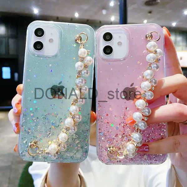 Cell Phone Cases Pearl Bracelet Chain Soft Case For iPhone 13 14 12 Pro Max mini 11 XS X XR 6 7 8 Plus Glitter Transparent Silicone Cover J2