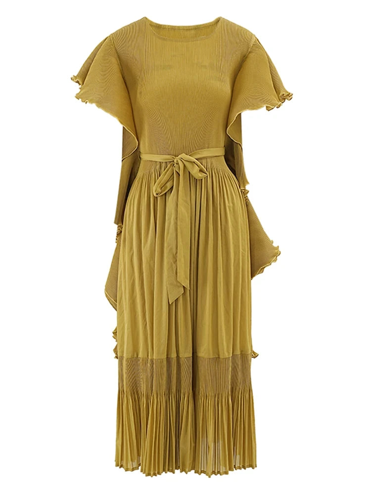 Party Pleated Dress Women Ruffles Short Sleeves Belt Gathered Waist A-line Dresses Elegant 2025 Spring New