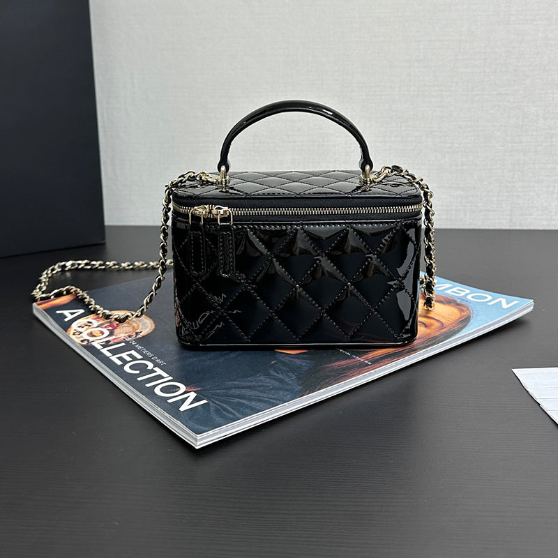 Patent Leather Cosmetic Pouch for Women - Designer Vanity Kit Featuring a Built-in Mirror & Crossbody Design With Box 24C20S