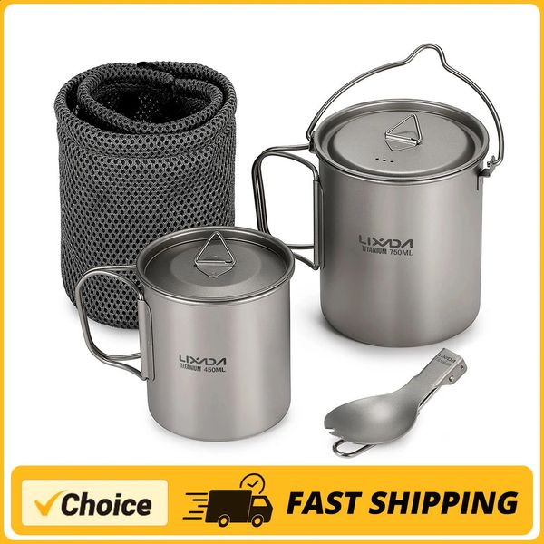 Lightweight 750ml Pot 450ml Cup Set 3 pcs Outdoor Cookware with Handle Folding Spork for Camping Hiking Backpacking 241107