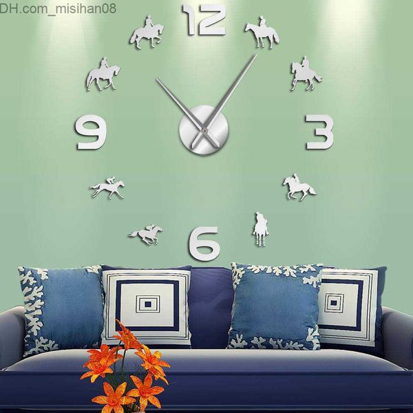 Wall Clocks Horse Racing DIY Giant Wall Clock Racehorses Riding Silhouette Wall Art Decor Frameless Mirror Effect Wall Watch Gift For Jockey