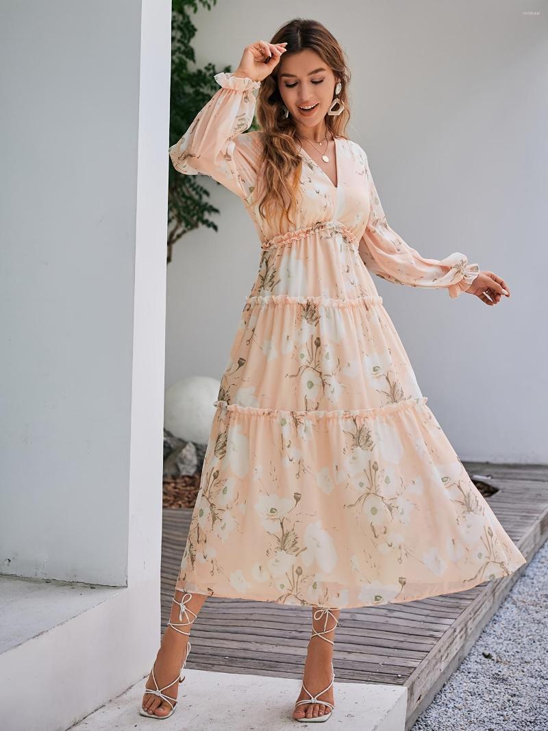 Casual Dresses Long Sleeve V Neck Floral Maxi Dress Elegant High Waist Boho Flowy Ruffle Women&#039;s Clothing