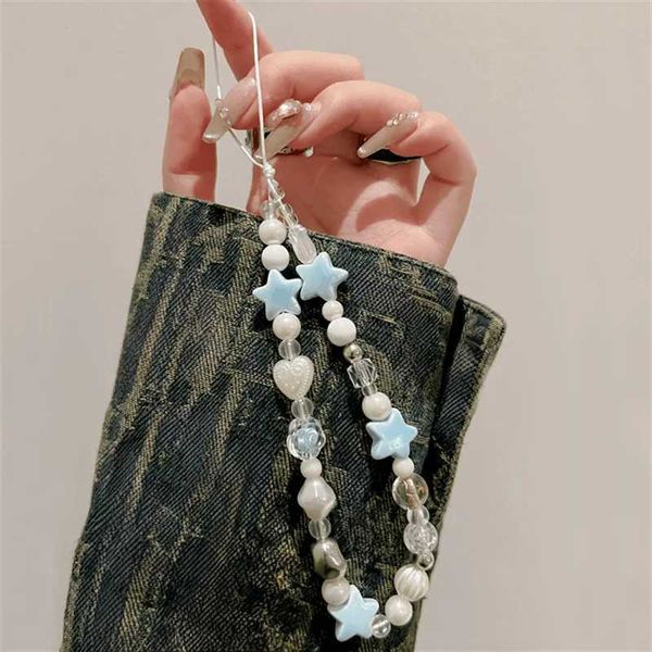 Cell Phone Straps Charms Korean Cute 3D Blue Star Love Heart Beaded Phone Chain Charm Lanyard For iPhone 15 CCD Camera Hanging Rope Girl Jew