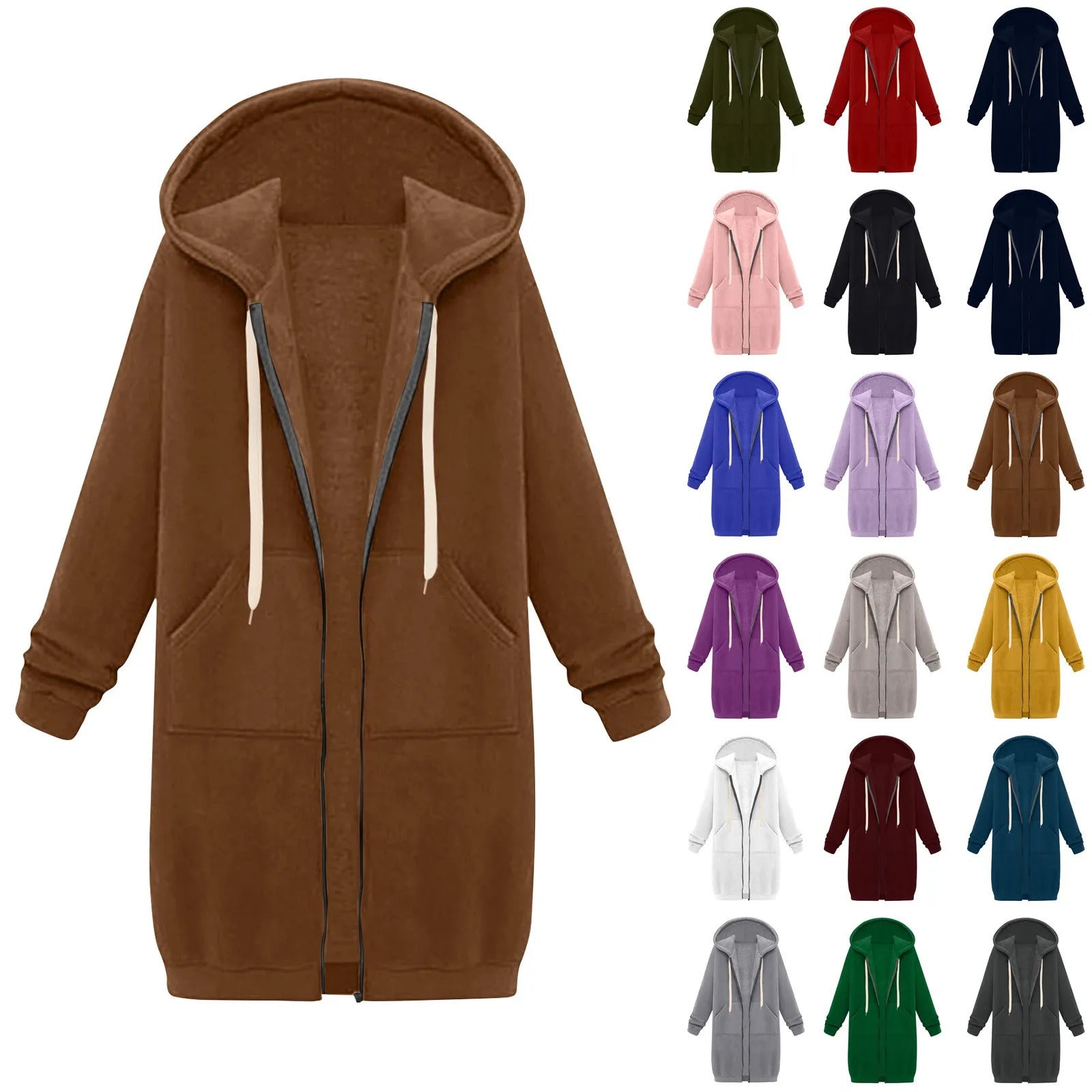 Womens Casual Zip Up Hoodies Long Tunic Sweatshirt Winter Windproof Drawstring Hooded Jacket Outerwear with Pockets Comfortable