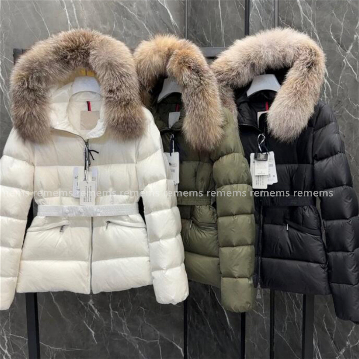 designer womens puffer jacket down jackets with genuine fur collar embroidered badge hooded coat warm winter jacket with belt womens designer clothi