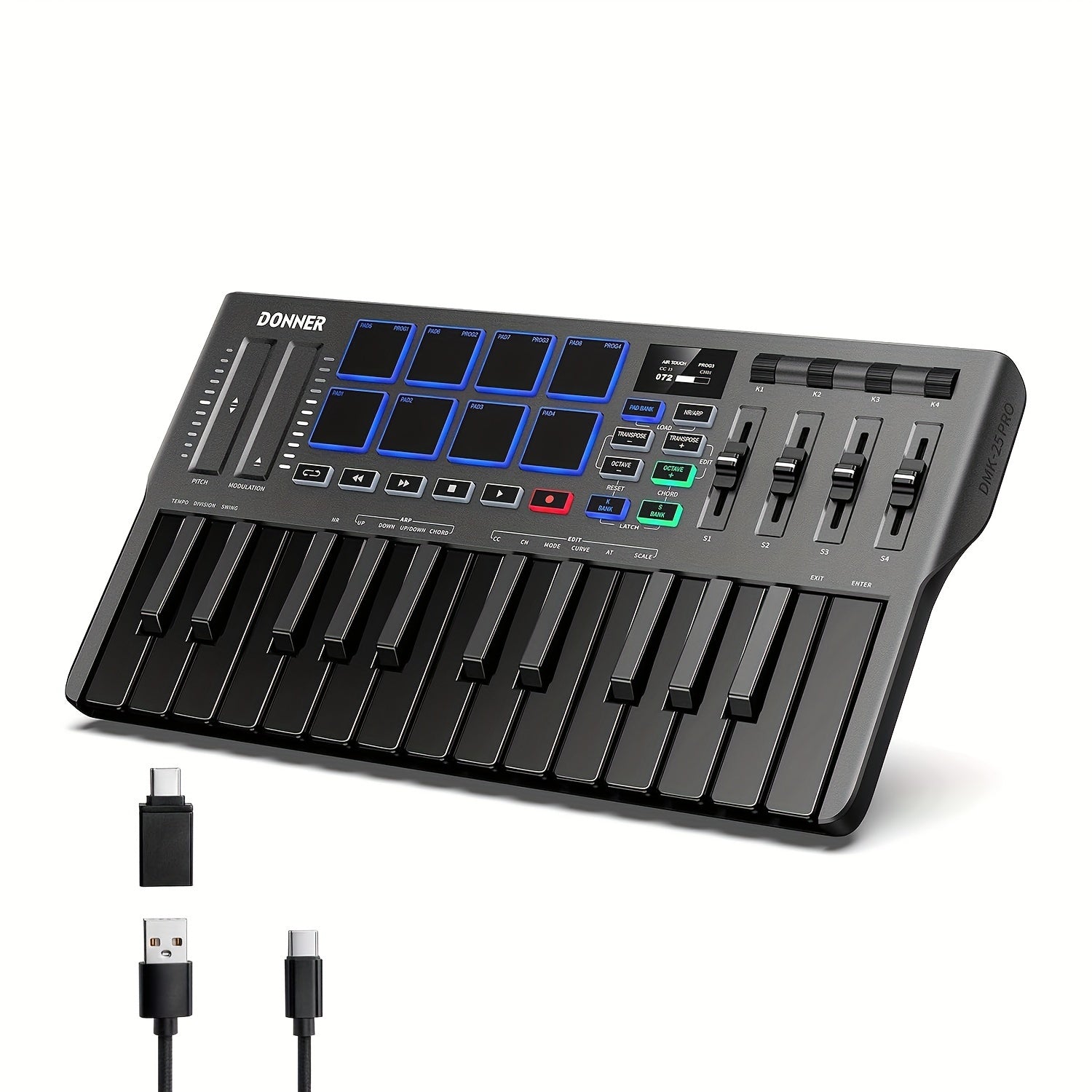 TEMU Donner Dmk-25 Pro 25-key Portable Midi Keyboard Controller With 8 Drum Pads, Usb-c, Oled Display & - Daw Software Included (-) - Music