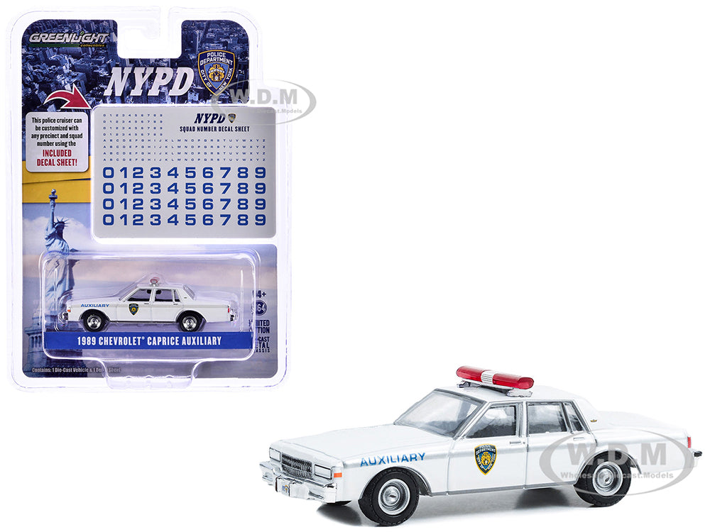 1989 Chevrolet Caprice "New York Police Department (NYPD)" White with NYPD Squad Number Decal Sheet "Hobby Exclusive" Series 1-64 Diecast Model Car b