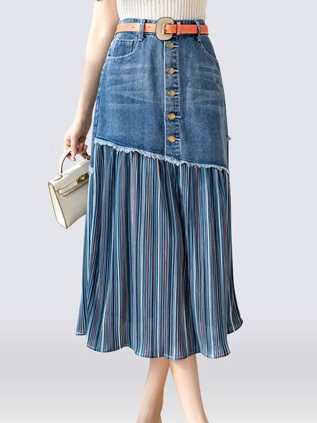S-5XL Patchwork Pleated Jeans Skirts Women High Waist Ripped Skirts Vintage Elegant Korean Fashion Denim Skirts Big Size KS10294 240617