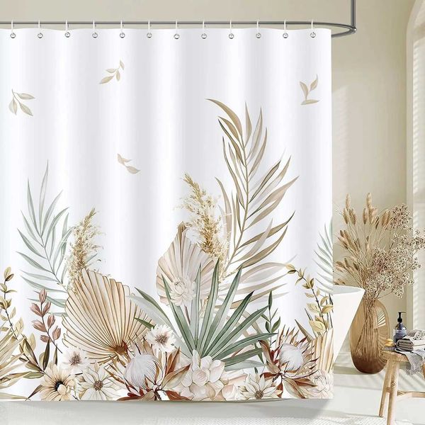 Leaves Shower Curtains Bright Tan Palm Leaf Floral Pumpkin Fall Bath Curtain Set Polyester Fabric Home Bathroom Decor with Hooks Y240815