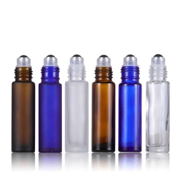 Portable 10ML Mini Roll On Glass bottle Perfume Clear Amber Brown Blue Thick Glass Bottles Essential Oil bottle Steel Metal Roller ball SN44