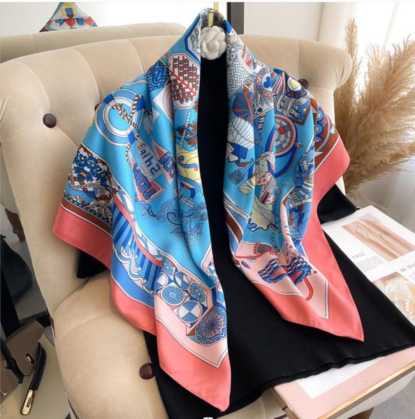 Square 90x90cm Simple Designer Print Rose Floral imitate Silk Scarf Headband for Women Fashion Handle Bag Scarves Paris Shoulder Tote Luggag