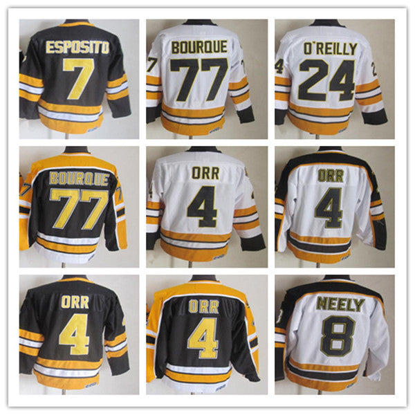 Boston Vintage Ice Hockey Jerseys 4 Bobby Orr 7 Phil Esposito 24 Terry O&#039;Reilly 8 Cam Neely 77 Ray Bourque Stitched CCM Retro Uniforms Black Wh