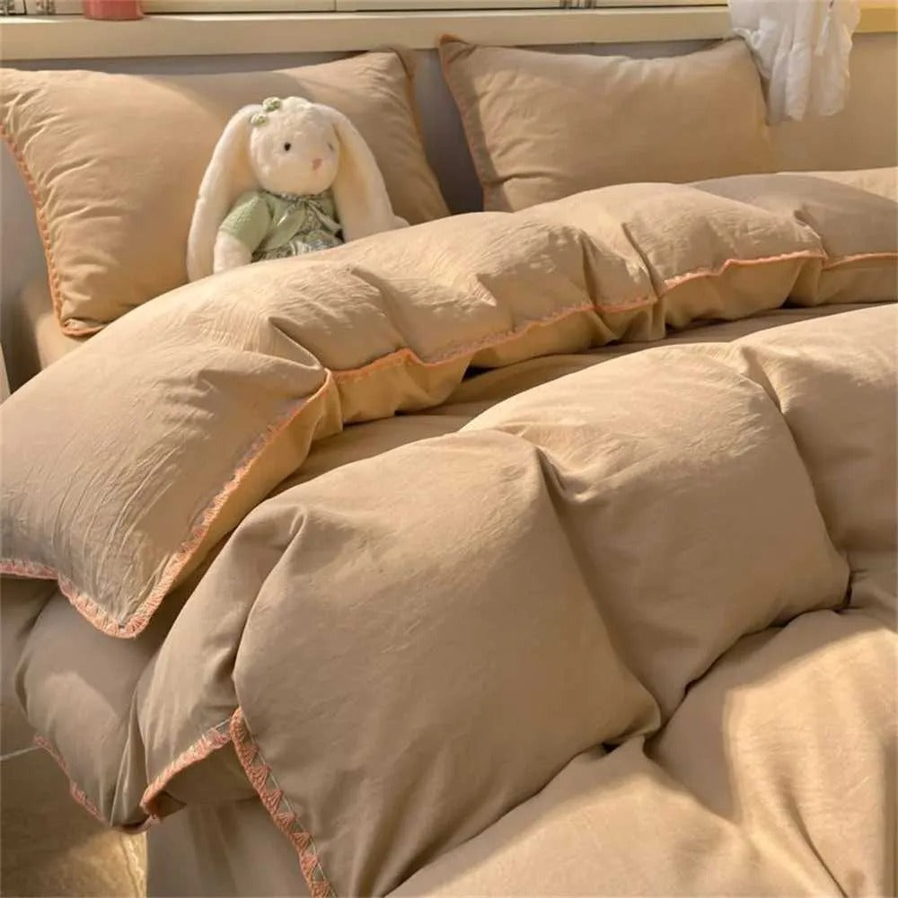 100% Cotton Pink Bedding Set Nordic Chic Duvet Cover Flat Sheet Pillowcase Soft Comforter Cover Bed Linen Boy Girl Home Textiles Y2407346