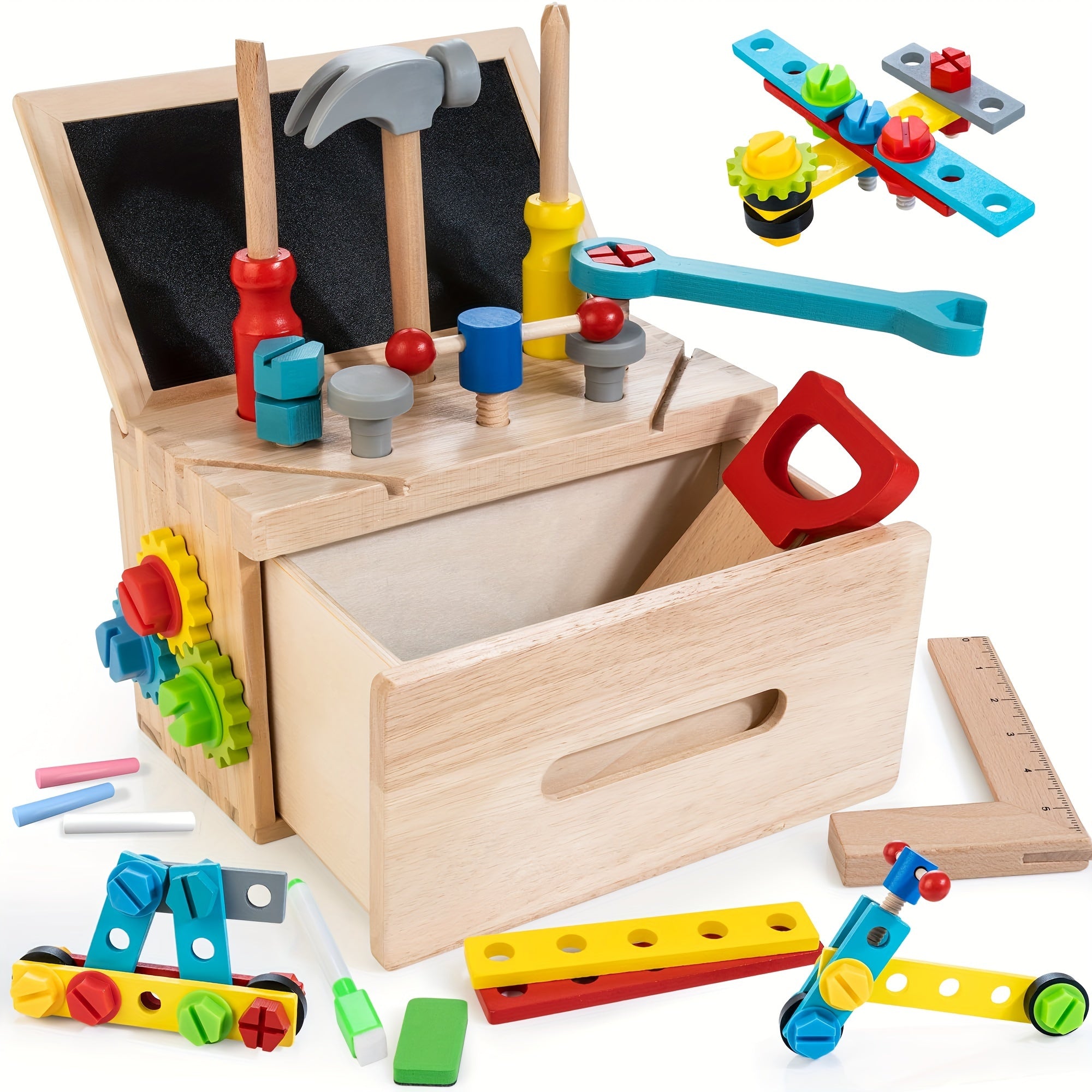 TEMU 39pcs Kids Wooden Set - Pretend Play Workbench With Dual-use , Storage Drawer, And Stem Educational Toys For Boys And Girls Aged 3+