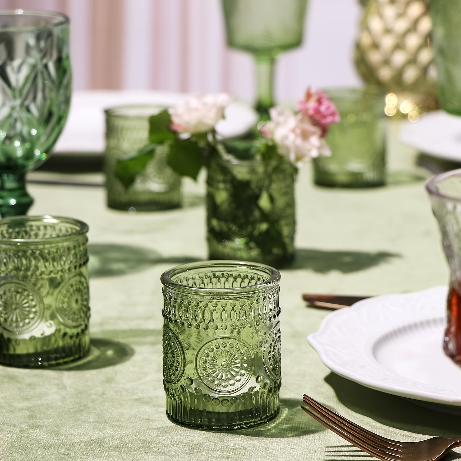 TEMU 6-12pcs Vintage Green Glass Candle Holders - Circular Holders For Weddings, Christmas, Parties, Hand Wash Only, No Pvc, Centerpiece Decor