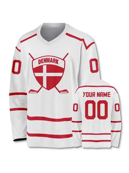 customized men&#039;s ice hockey jersey with Danish retro red and white pattern, breathable V-neck long sleeved top, 100% polyester knitted