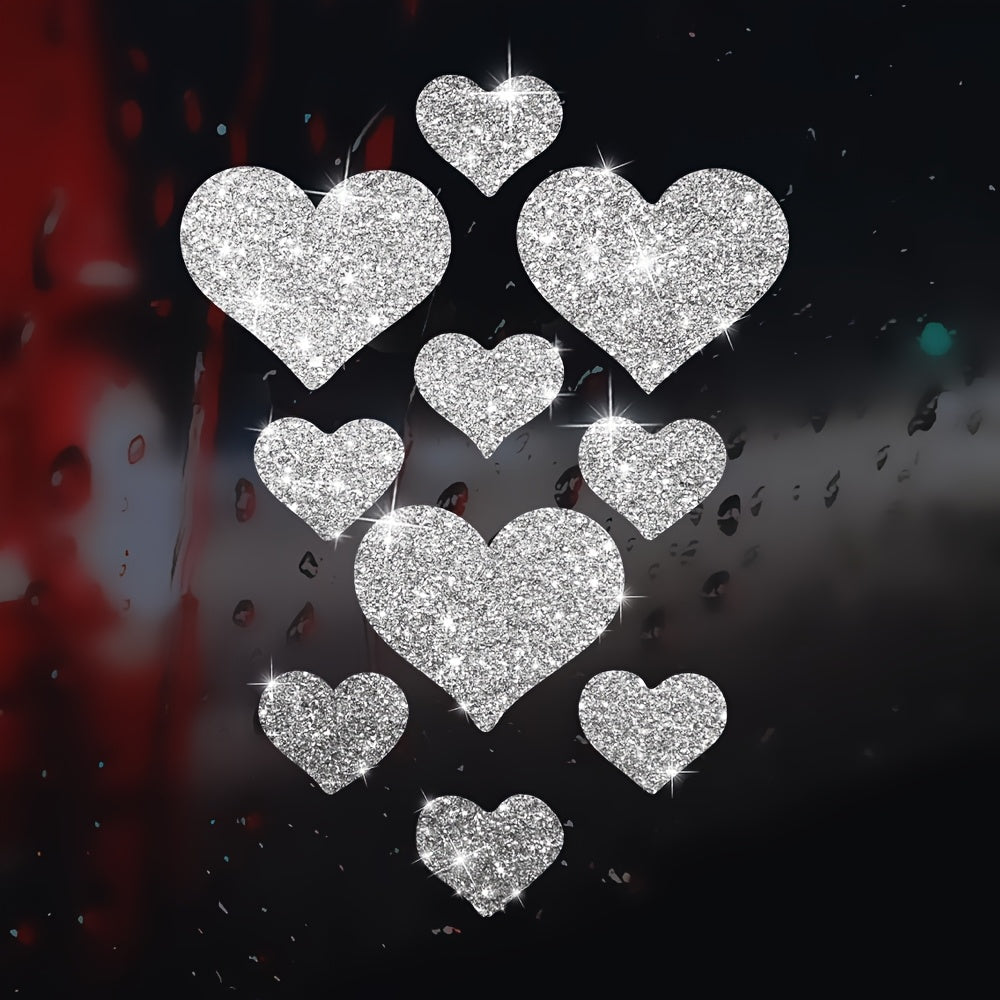 TEMU 10pcs Glitter Heart Stickers - Self-adhesive Vinyl Decals For Home, Windows, Mirrors, Kitchen, And More - Shiny, Colorful Heart Designs For