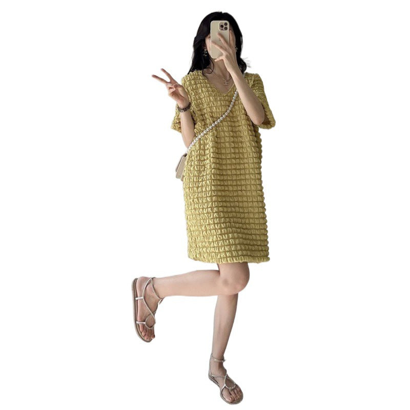 L1806 Dress Women&#039;s Bubble Waffle V-neck Short Sleeve Women&#039;s Niche Design Medium-length Slimming Large Size Dress