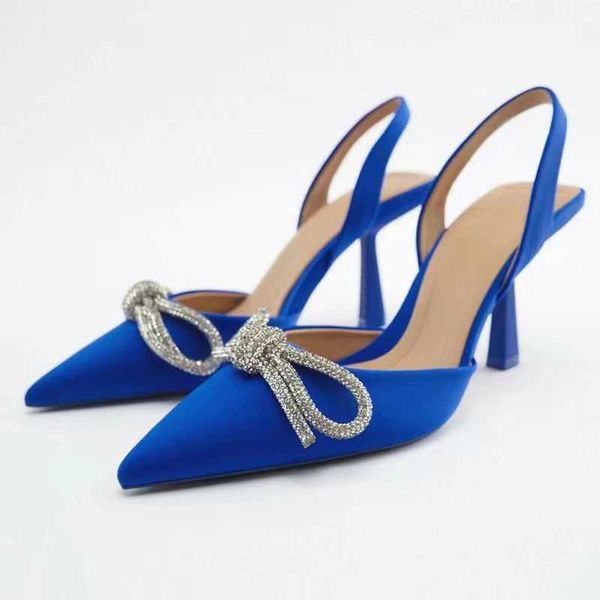 Sandals Womens Blue Bounce Back Bump Botas High Boots Crystal Bow Party Shoes Womens Sexy Point Toe Sandals Sandals verão 2023 Q241226