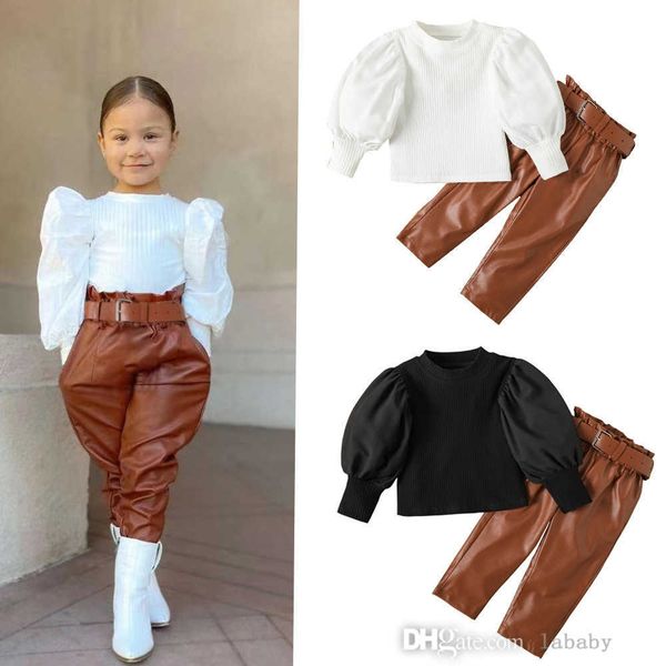 Baby Girl&#039;s Fall Tracksuit: Solid Knit Top, PU Leather Pants & Belt