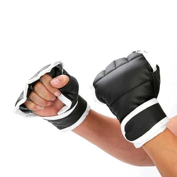 1 Pair Beginner Boxing Gloves Black Half Finger Padded Muay Thai Training Workout Gloves PU ather Fighting Kick MittensXJ241028