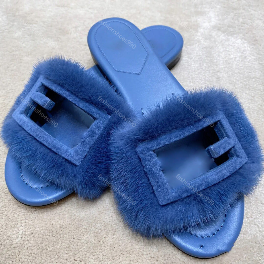 Real Mink Fur Slides Designer Slippers Women Sandals Flip ps Flats Casual Beach Shoes Buckle