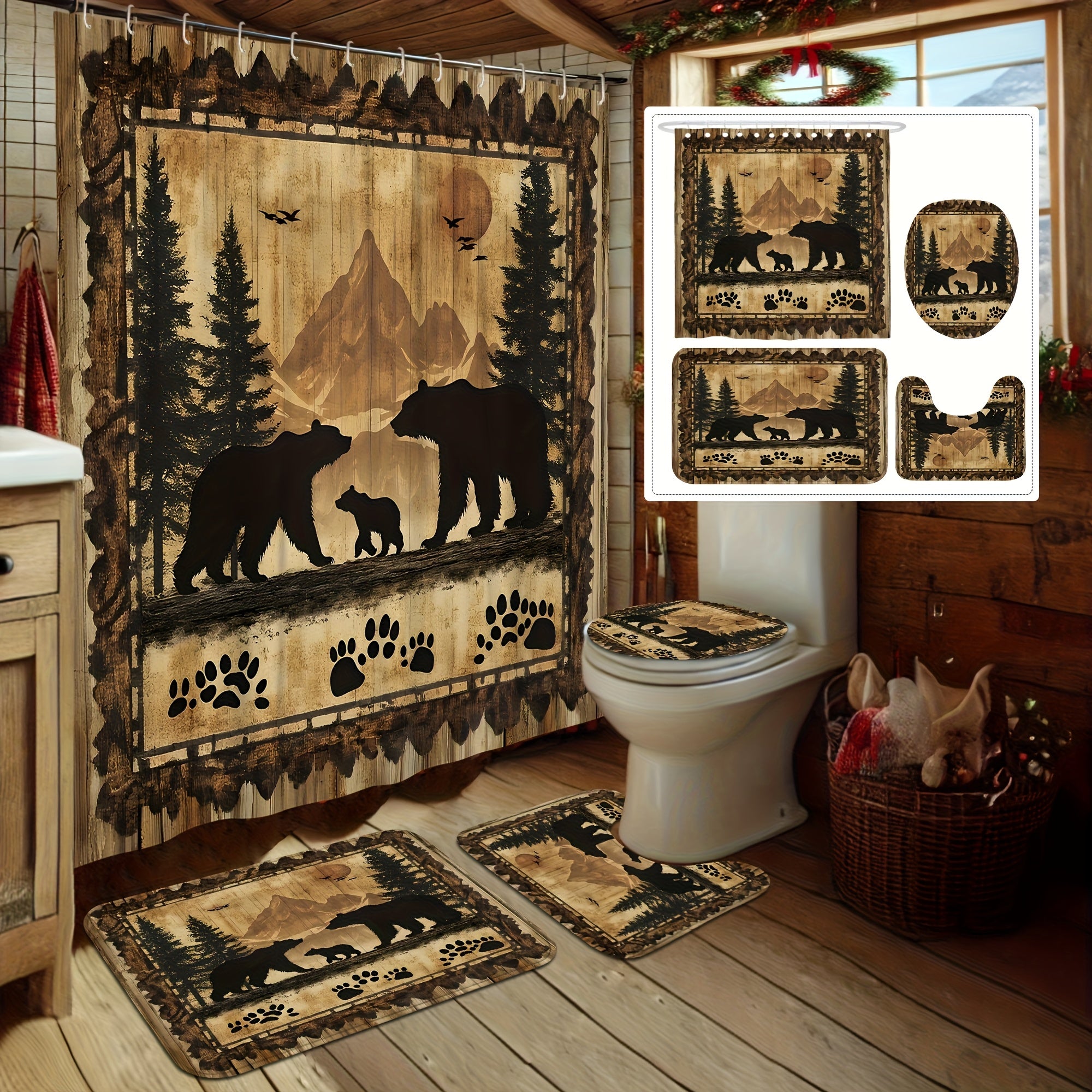 TEMU 4pcs Shower Curtain Bathroom Sets, Fashion Shower Curtain Sets With Rug, Abstract Modern Shower Curtain Set, With 12 Hook, Bath Mat, U-shaped