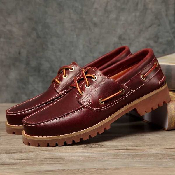 Genuine Leather Motorcycle Shoes Loafers for Men Casual Cowboy Shoes Boat Shoes Male Footwear Brown Lace-up HandmadeXJ250118