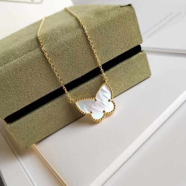 Vintage Lucky Pendant Necklace Designer Yellow Gold Plated White Mother Of Pearl Butterfly Charm Short Chain Choker For Women Jewelry