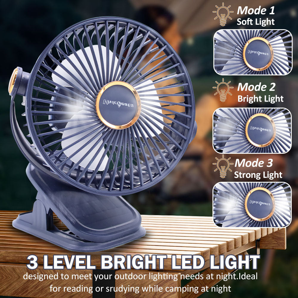 TEMU [portable Desktop Camping Fan] 5-speed , Usb Rechargeable Battery Operated With Atmosphere Light Rotate Strong Airflow- Sturdy Clamp For Tents