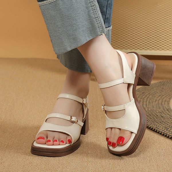 2024 Women Spring Summer Soft Bottom Chunky Heels Elegant Shoes Ladies Open Toe Leisure Slipper Female Sandals