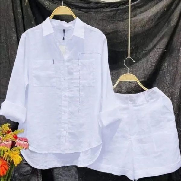 Summer Cotton Linen Casual Home 2 Piece Set For Women 2024 Fashion White Long Sleeve Shirt And Shorts Two Piece Sets Tracksuit 250211