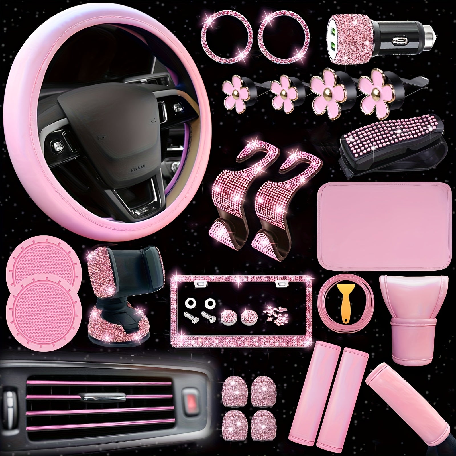TEMU 46pcs Bling Car Accessories Set For Women Steering Wheel Cover Seat Belt Covers Rings Sticker Cup Holders Usb Adapter Flower Air Vent Clip
