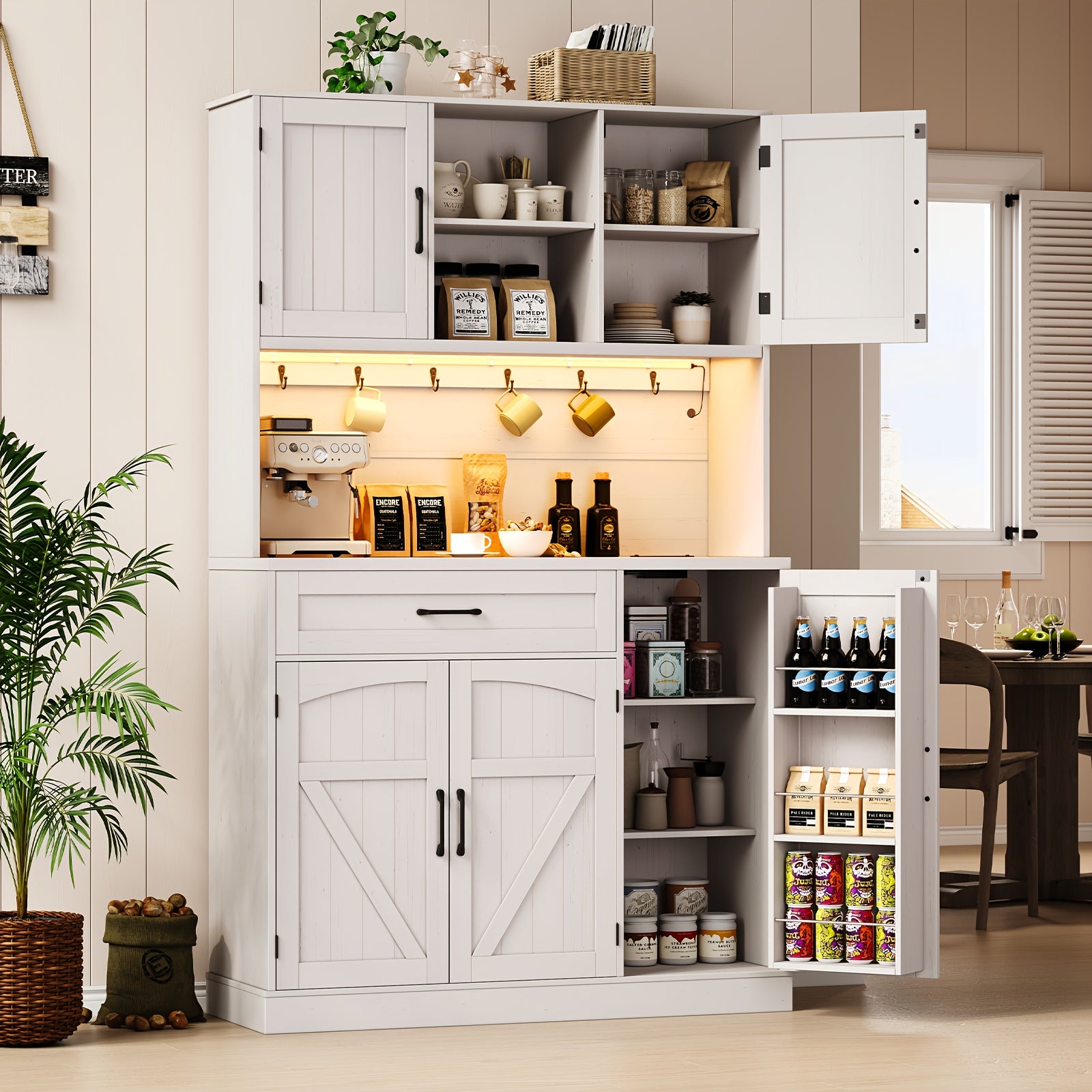 TEMU 71 Inch Kitchen Pantry Storage Cabinet With Led Light And Outlet, Kitchen Cupboard With Microwave Shelf And 6 Hooks With Door Shelves, Drawer,