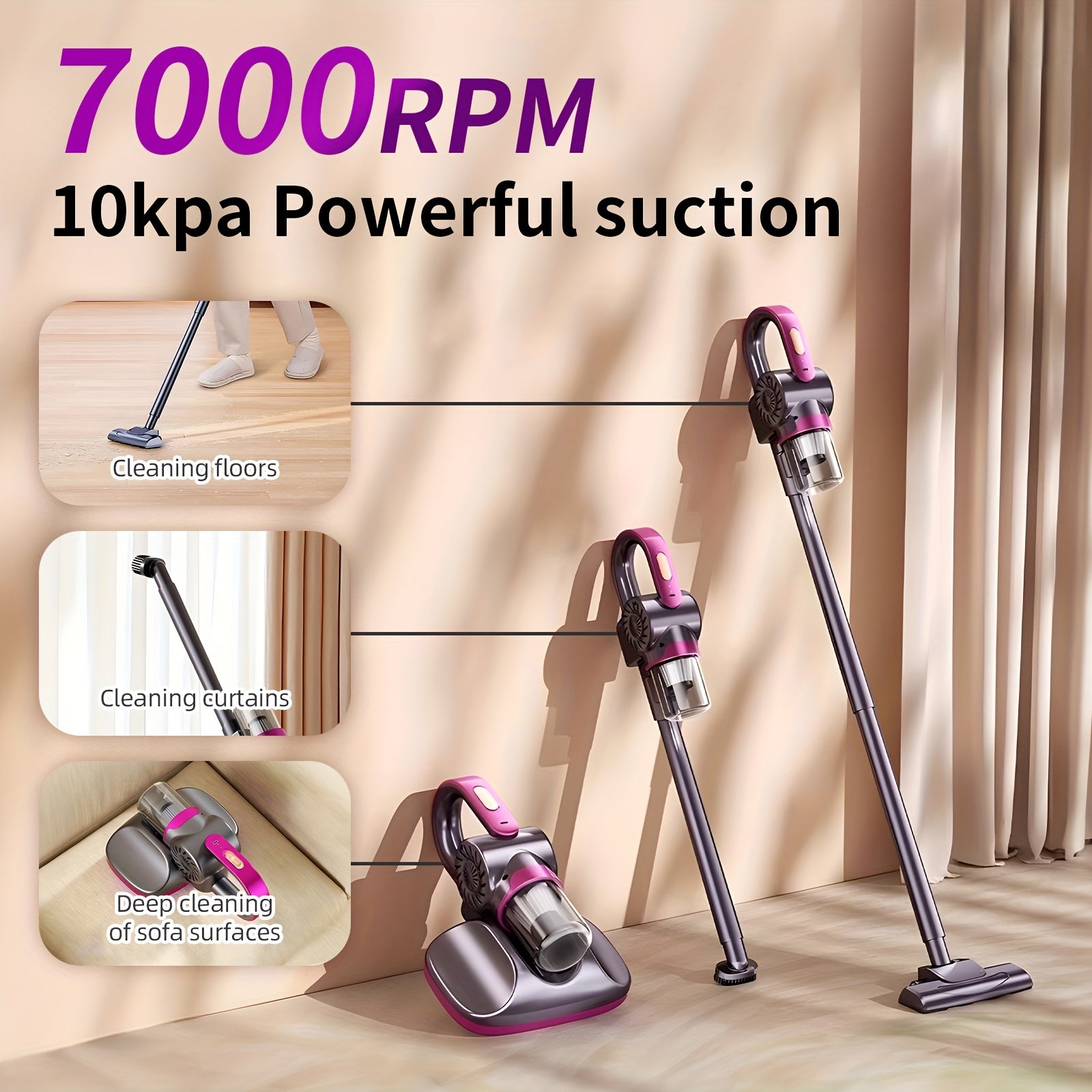 TEMU Wireless Bed Vacuum Cleaner, 10kpa Powerful Suction Handheld Vacuum Cordless, , 2-speed, Portable Mattress Vacuum Cordless Car Accessories