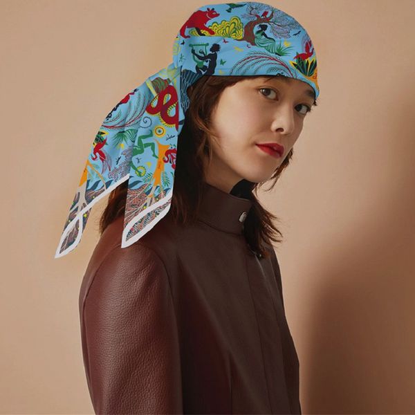 Silk Scarf Women 12 Animals Print Square Scarves Head Echarpes Silk Foulards Femme Wraps Beach Shawls Bandana Lady Hijabs 90CM