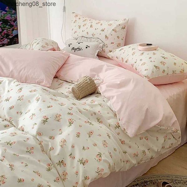 Bedding sets Pink Floral Bedding Set Soft Ins Single Double Queen Size Duvet Cover Flat Sheet case Girls Home Totel Bed Linens L240910