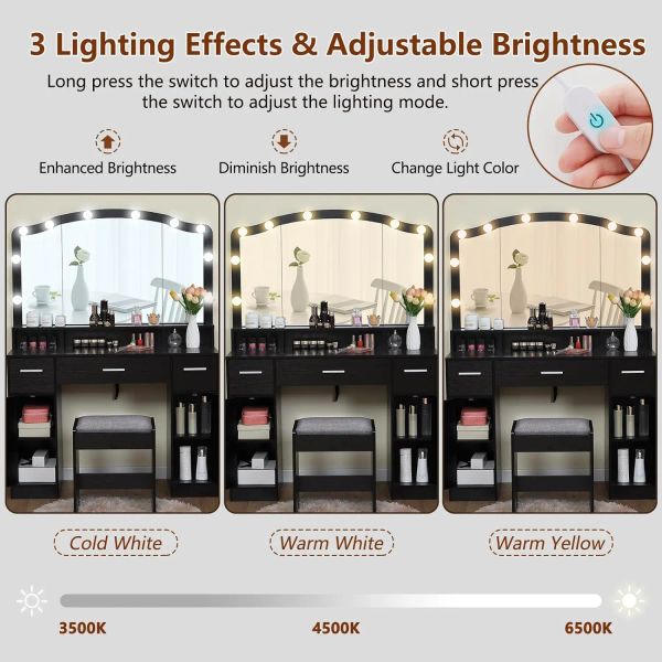 usikey Large Vanity Set with Large Lighted Mirror, Modern Makeup Vanity Table with 3 Drawers, 2 Storage Cabinets & 10 LED