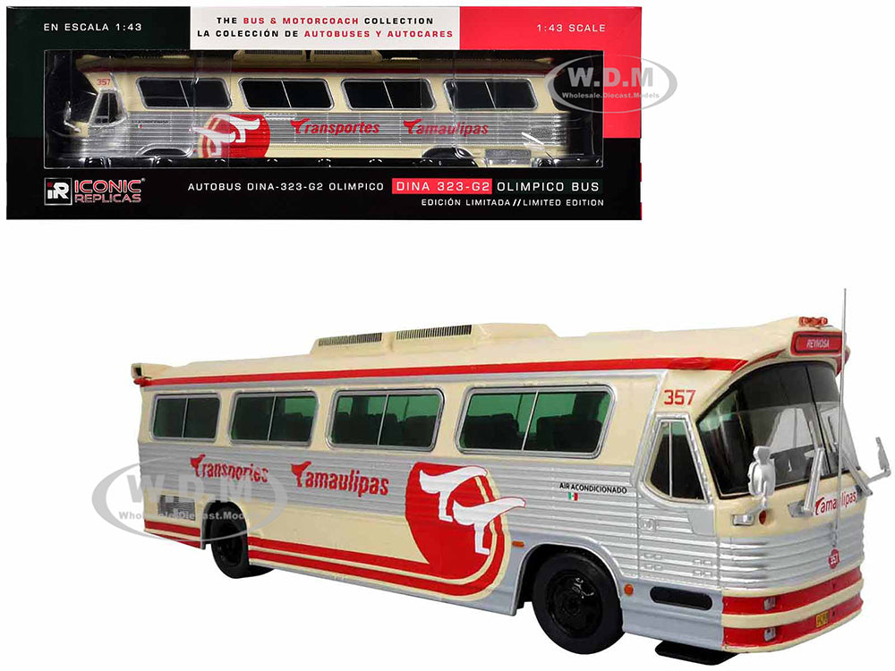 Dina 323 G2 Olimpico Coach Bus "Transportes Tamaulipas Reynosa" Cream and Silver with Red Stripes "The Bus &amp; Motorcoach Collection" 1-43 Diecast