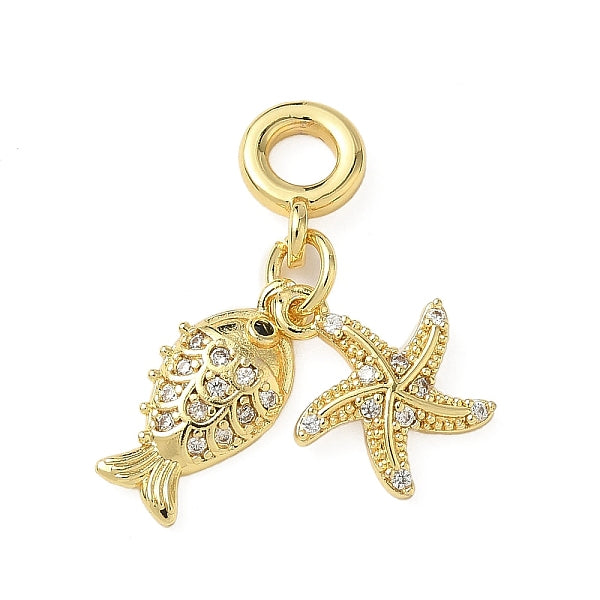 Breloques pendantes européennes en laiton pavé de zircones cubiques transparentes représentant des animaux marins
