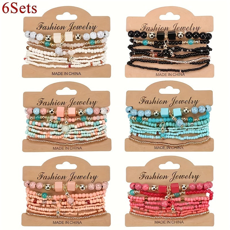 TEMU 6-set Vibrant Bohemian Beaded Stackable Charm Bracelets - Multilayered Stretchy Bangle Jewelry Sets With Comfortable Fit, Colorful Mosaic Seeds